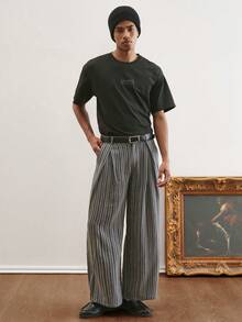 TOKVUE Men's Pocket Striped Pleated Wide Leg Loose Casual Pants Designer Pants Wide Leg Pants Pleated Pants Pinstripe Pants Loose Pants - Multicolor - View 3