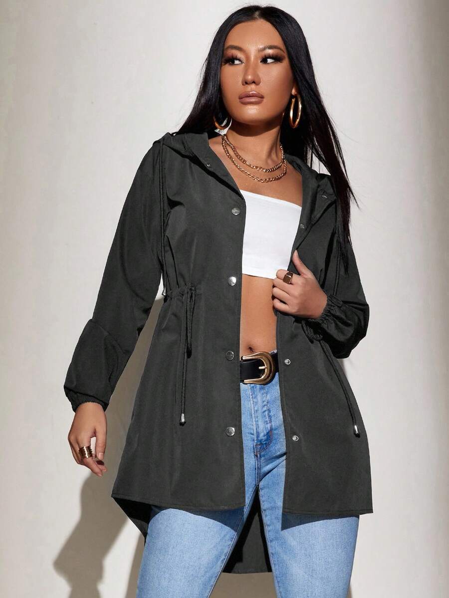 EURMUSE Casual Solid Color Drawstring Waist Hooded Jacket, Autumn - Grey - View 1