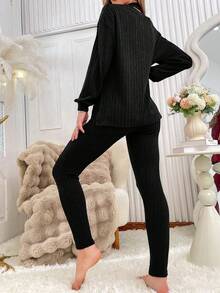 SHEIN 纯色纹理针织露背领两件套上衣和裤子休闲家居服套装，冬季服装 - 黑色 - 查看 2
