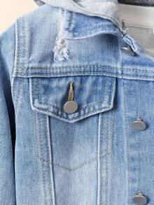 男童牛仔夹克外套，新款秋冬针织拼接连帽设计，浅蓝色水洗牛仔修身版型，做旧破洞，百搭日常休闲风，针织连帽牛仔夹克，适合多种秋冬场合穿着 - 中等水洗藍 - 查看 5