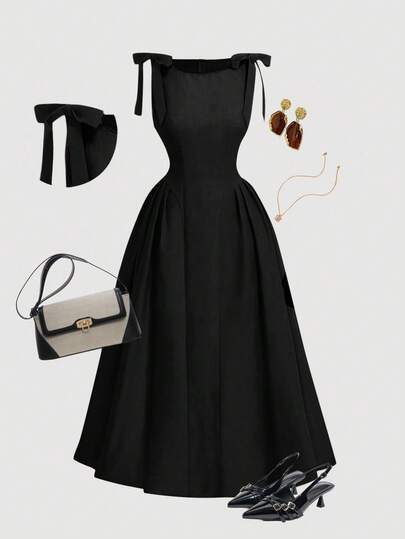 SHEIN MOD Plus Size Crew Neck Sleeveless Contrast Trim Bow Decor Waist Flare Hem Black Casual Dress/Christmas Dress