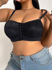DesireSculpt 1pc Plus Size Women Lace Patchwork Wireless Bra - Black - View 11