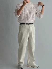 DAZY 男士白色纹理圆领毛衣，秋冬季 - 白色 - 查看 4