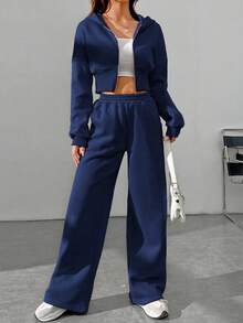 SHEIN EZwear 女士休闲藏蓝色拉链连帽衫和裤子套装（2件套），冬季服装 - 藏蓝色 - 查看 3
