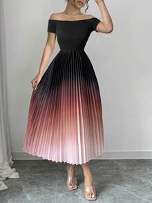 Elenzga 女士优雅露肩褶饰渐变色印花束腰连衣裙 - 黑色 - 查看 5