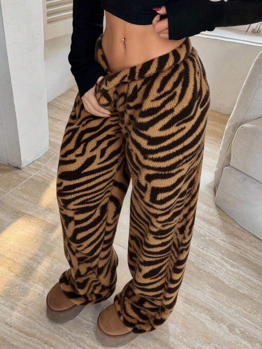 SHEIN 少女印花弹力腰蓬松宽松裤，秋冬季母女亲子装（两件分开出售，可爱裤子，Y2K风格裤子，休闲裤，冬季裤） - 棕色 - 查看 1