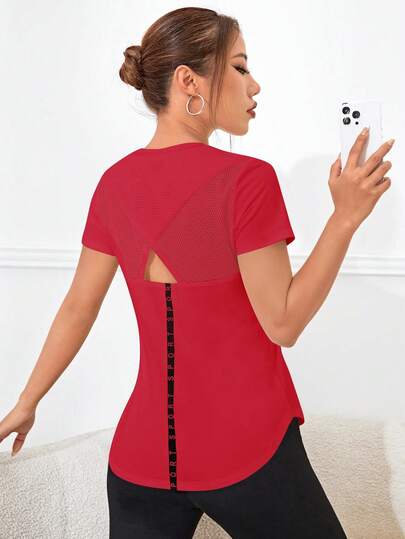 SHEIN Core Rhythm Camiseta deportiva de manga corta con parches de malla hueca de verano casual para mujer