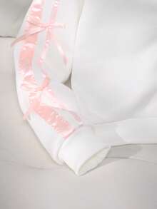 SHEIN Tween Girls' Jacket Coat, Solid Color Fashion Bow Sweatshirt Jacket, Comfortable Thick Thermal Lined Sweatshirt Fabric, Bow Sleeve Decoration, Youthful And Energetic Style, Suitable For Back To School Season Or Everyday Outdoor Wear