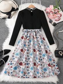 Sparklyn Tween-Mädchen Lässiges Kleid mit floralem Patchwork-Muster und Kunstperlenverzierung, Herbst - Verschiedenfarbig - Übersicht 2