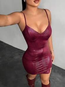 SHEIN SXY 性感街头风酒红色吊带迷你连衣裙 - 酒紅色 - 查看 7