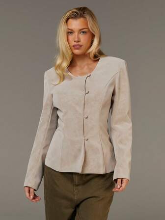 Athîral 女士休闲圆领单排扣长袖外套，时尚复古通勤外套，秋冬季女士时尚百搭纯色PU外套，适合通勤，PU外套，必备时尚外套，秋季款式。