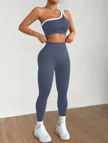 Dewbera Bộ đồ thể thao nữ liền mạch nâng mông một bên vai tập yoga co giãn cao - Xám - Xem 4