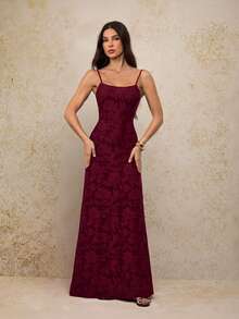 SHEIN Tall 优雅休闲通勤派对连衣裙简约剪裁提花针织面料 Ankola 红色长款吊带连衣裙机场装教师装外出装婚礼宾客紧身连衣裙办公室连衣裙复古风格端庄连衣裙酒红色连衣裙，女士秋季连衣裙，秋季婚礼宾客连衣裙 - 酒紅色 - 查看 3