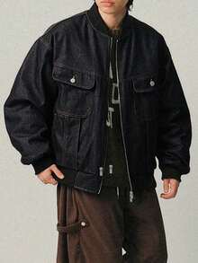 DAZY 男士绗缝牛仔夹克，原色藏蓝色，秋冬款 - 黑色 - 查看 1