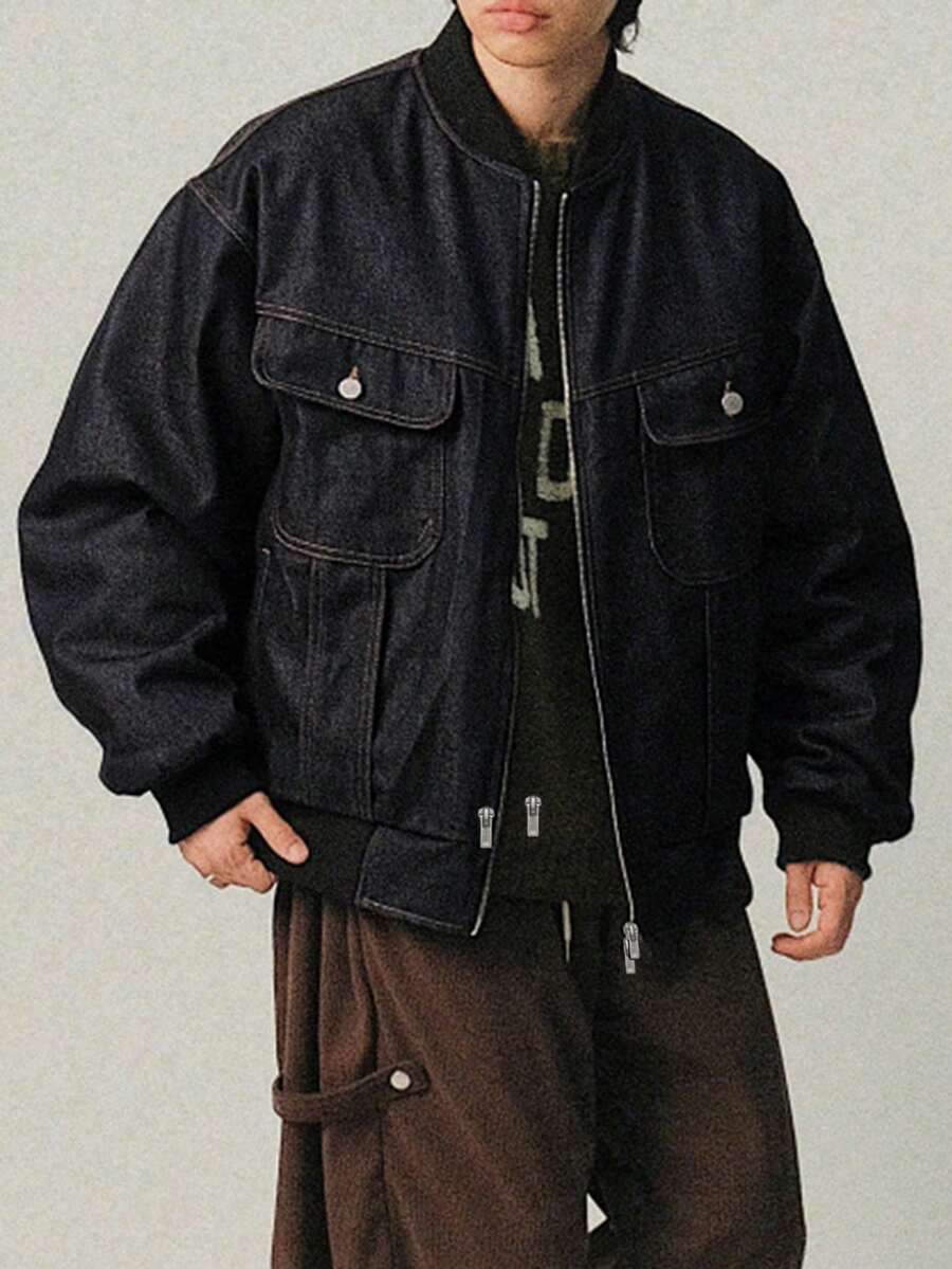 DAZY 男士绗缝牛仔夹克，原色藏蓝色，秋冬款 - 黑色 - 查看 1