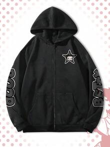 ROMWE MEN Betty Boop | ROMWE 男士玫红色卡通图案拉链连帽衫，秋冬季穿着舒适 - 黑色 - 查看 2