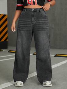 SHEIN CURVE+ Jeans a gamba dritta neri senza elasticità, taglie comode, stile cowgirl, primavera - nero - Visualizzare 4