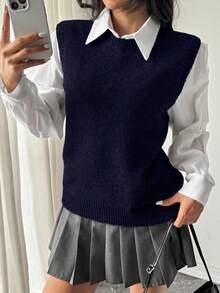 EMERY ROSE 女士纯色圆领休闲宽松针织背心，秋冬 - 藍色 - 查看 5