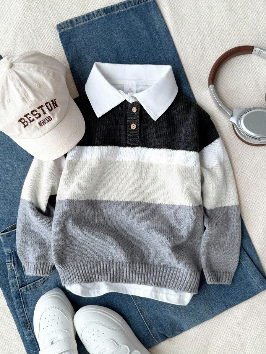 SHEIN 休闲简约渐变针织衫,半敞领设计,秋冬款 - 灰色 - 查看 1