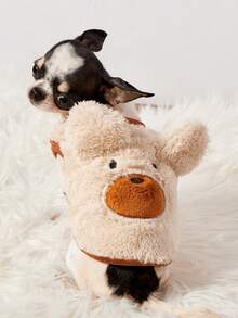 PETSIN 1件冬季服装带毛绒保暖，宠物奶狗米色耳朵，熊奶狗可爱狗衣服，泰迪雪纳瑞猫衣服 - 米色 - 查看 2