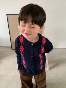 DAZY Chaqueta de punto de manga larga con patrón de rombos para bebés/niños pequeños, otoño/invierno - Azul - Ver 2