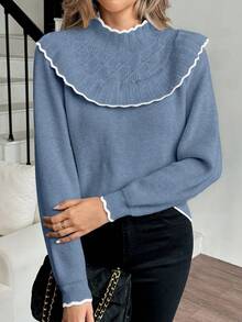 Elenzga Women's Casual Colorblock Ruffle Trim Sweater, Autumn/Winter - Blue - View 4