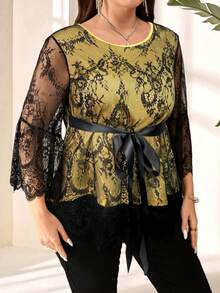 EMERY ROSE Top élégant à manches évasées en dentelle noire pour femmes grandes tailles, vêtements d'automne pour femmes