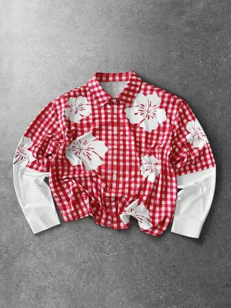 Chemise décontractée à manches longues avec boutons, imprimé à carreaux et floral pour hommes