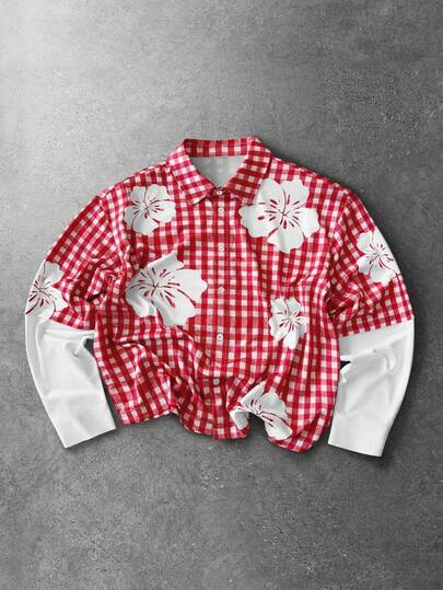 Camisa casual de manga larga con botones, estampado a cuadros y floral para hombres