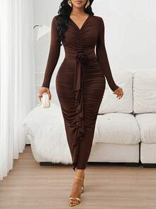 SHEIN Lady Đầm dài tay nhún bèo cổ chữ V họa tiết hoa 3D phong cách Âu Mỹ dành cho nữ - màu nâu - Xem 6