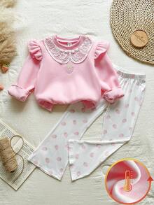 Vintaside Kids 女童春秋季圆领长袖清新时尚简约连帽衫搭配休闲简约草莓印花长裤套装，适合温和天气外出、露营或日常休闲穿着。 - 粉色 - 查看 5