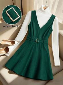 女士灯芯绒腰部修身喇叭休闲日常百搭杏色连衣裙 - 墨綠色 - 查看 7