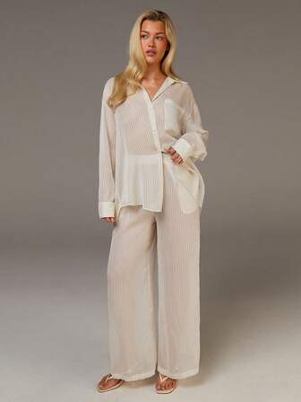 Athîral 女士纯色落肩长袖前开襟薄纱上衣和裤子两件套