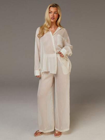 Athîral Conjunto de 2 piezas de blusa transparente de manga larga con botones delanteros y pantalones de unicolor para mujer