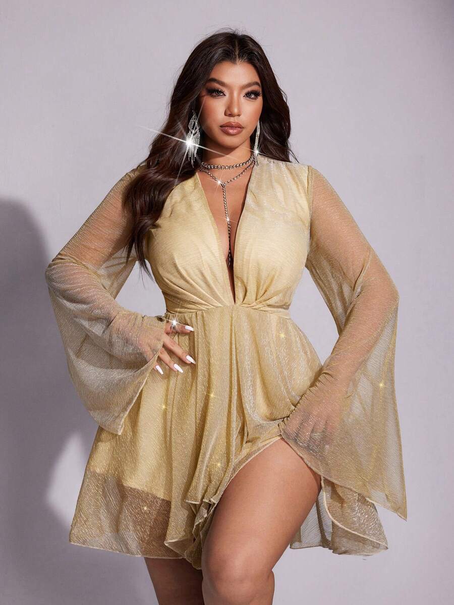 SHEIN Galaire 大码女式闪亮金属针织面料性感深V领长袖迷你连衣裙，适合派对、宴会、度假、春秋季穿着。 - 金色 - 查看 1