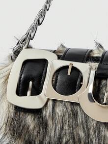 ROMWE Grunge Punk 2000年代风格女士手提包，朋克铆钉机车包，金属链条包，毛绒钱包，秋冬钱包（随机图案） - 黑與白 - 查看 3