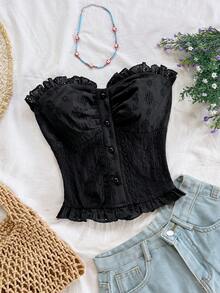 Soleia 白色休闲纹理面料荷叶边抹胸上衣，适合度假、海滩、夏季、波西米亚风、钩针编织、亚麻等风格。