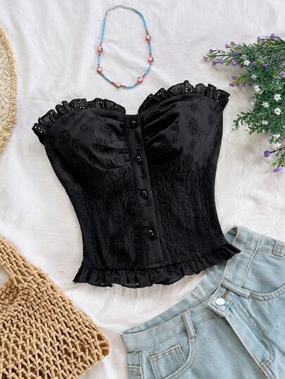 Soleia 白色休闲纹理面料荷叶边抹胸上衣，适合度假、海滩、夏季、波西米亚风、钩针编织、亚麻等风格。