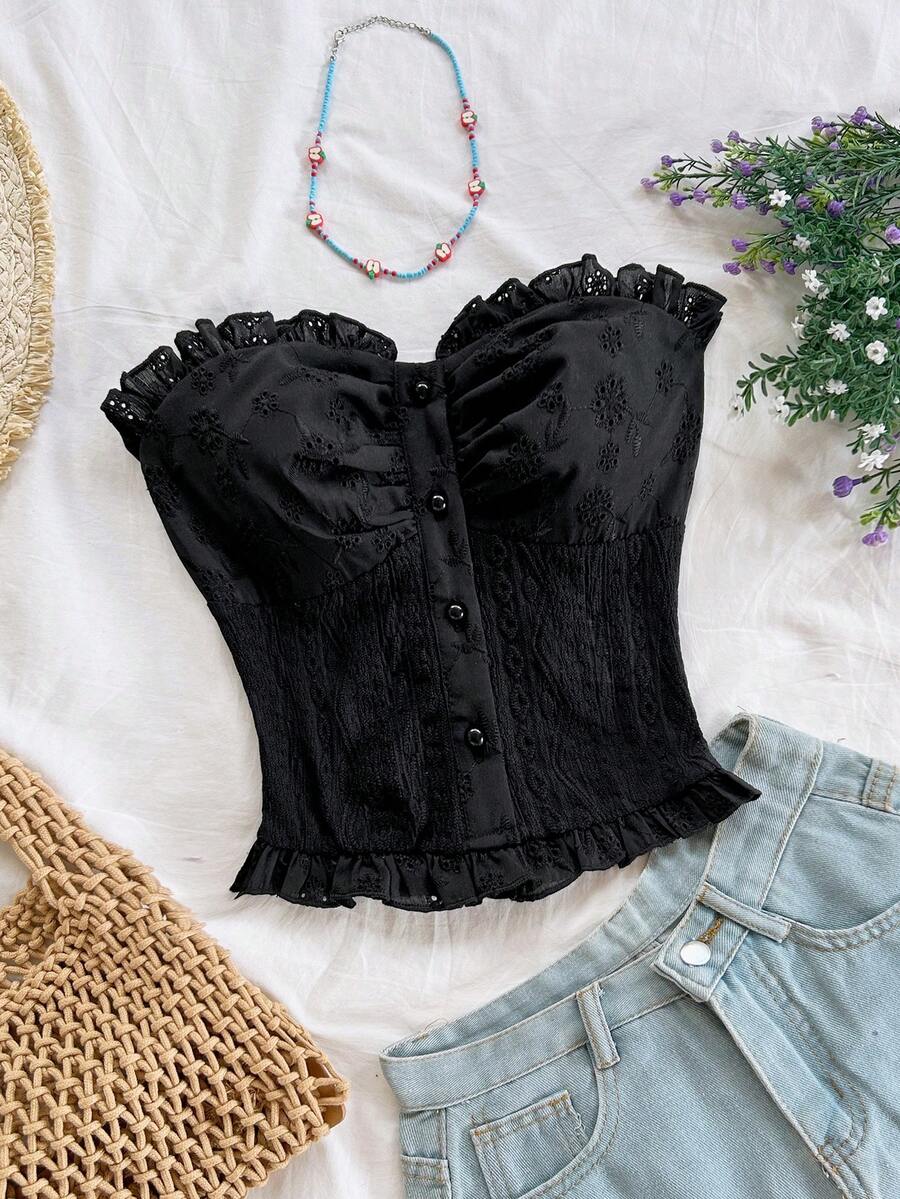 Soleia 白色休闲纹理面料荷叶边抹胸上衣，适合度假、海滩、夏季、波西米亚风、钩针编织、亚麻等风格。