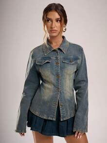 Avantive Women's Vintage Blue Long Sleeve Button Front Casual Denim Jacket - Medium Wash - View 7