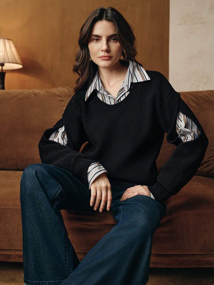 Women's Autumn/Winter Design Sense 2 In 1 Elegant Long Sleeve Patchwork Knit Shirt Blouse, Business Casual Outerwear
