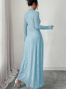 Modelyn Wine Red High Neck Waist Cinched Lace Dress For Women - Blue - View 2