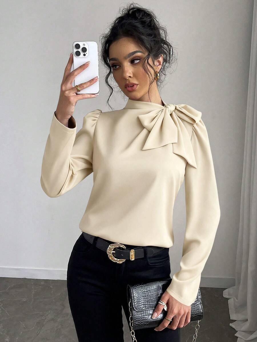 Rafferiza Damen Einfarbige elegante vielseitige Bluse mit Krawattenkragen und Puffärmeln