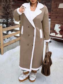 CovetEZ Plus Size Retro Fluffy Collar Long Sheepskin Coat, Autumn And Winter Fall - Khaki - View 5