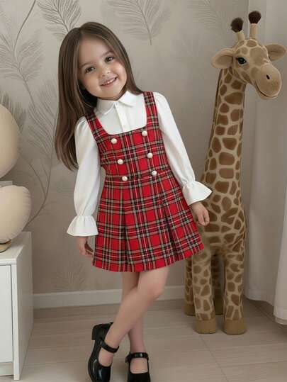 Rochie elegantă de Crăciun în carouri, model mamă-fiică, casual, confortabilă, cu guler, mâneci bufante, blocuri de culoare