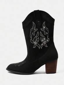 Styleloop Botas occidentales de mujer con puntera puntiaguda, tacón grueso, negras, caladas y bordadas, de media pantorrilla, de estilo retro americano, bohemio, adecuadas para viajes, vacaciones, festivales de música, fiestas, Navidad, Halloween - Negro - Ver 8