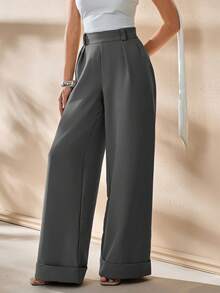 CLARA VERO Women Solid Color High Waist Wide Leg Pants - Dark Grey - View 5
