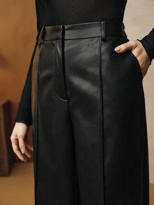 Anewsta 女士宽松时尚新款高品质柔软皮革阔腿裤