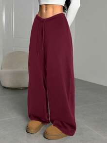 SHEIN EZwear 女士休闲宽松阔腿酒红色运动裤，适合毕业季、返校季和教师节穿着。 - 酒紅色 - 查看 3