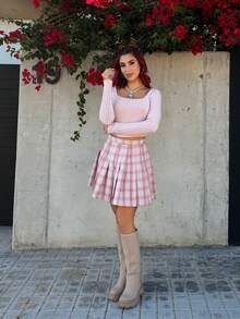 Women's Plaid Pleated A-Line Skirt, Casual & Versatile - Pink - View 6